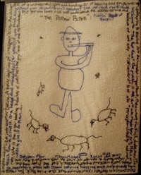 a piece of paper with a drawing of a man playing a flute